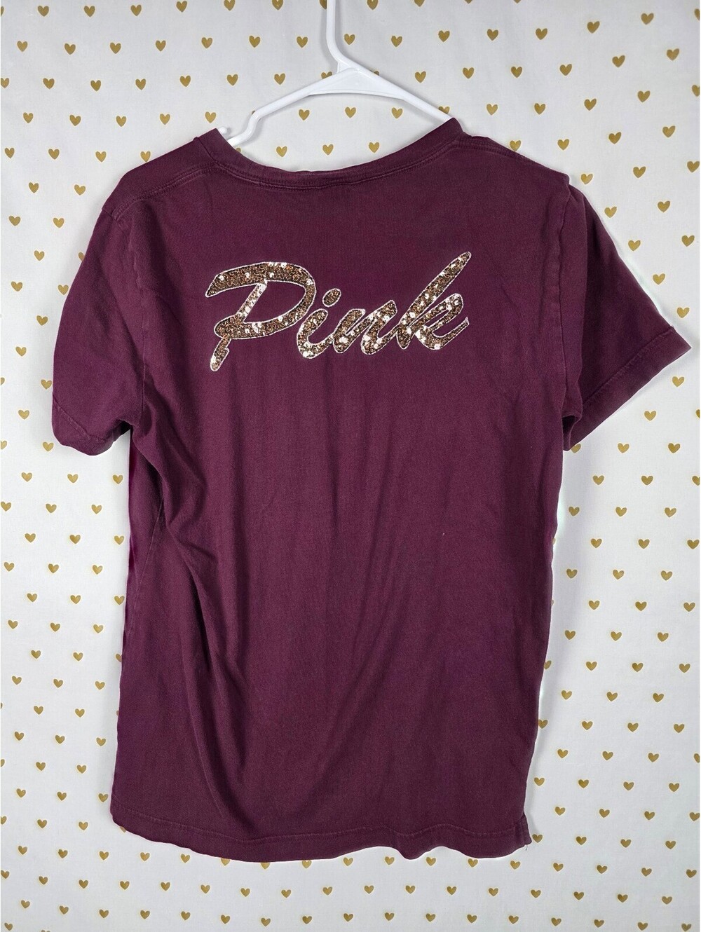 Victorias Secret PINK Gold BLING Sequined Tee Shirt Maroon XS